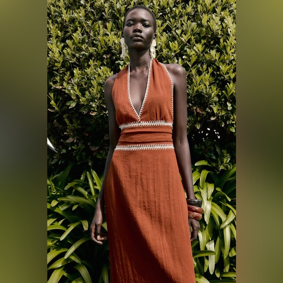 Zara Terracotta Embroidered Midi Dress - Picture 8 of 15